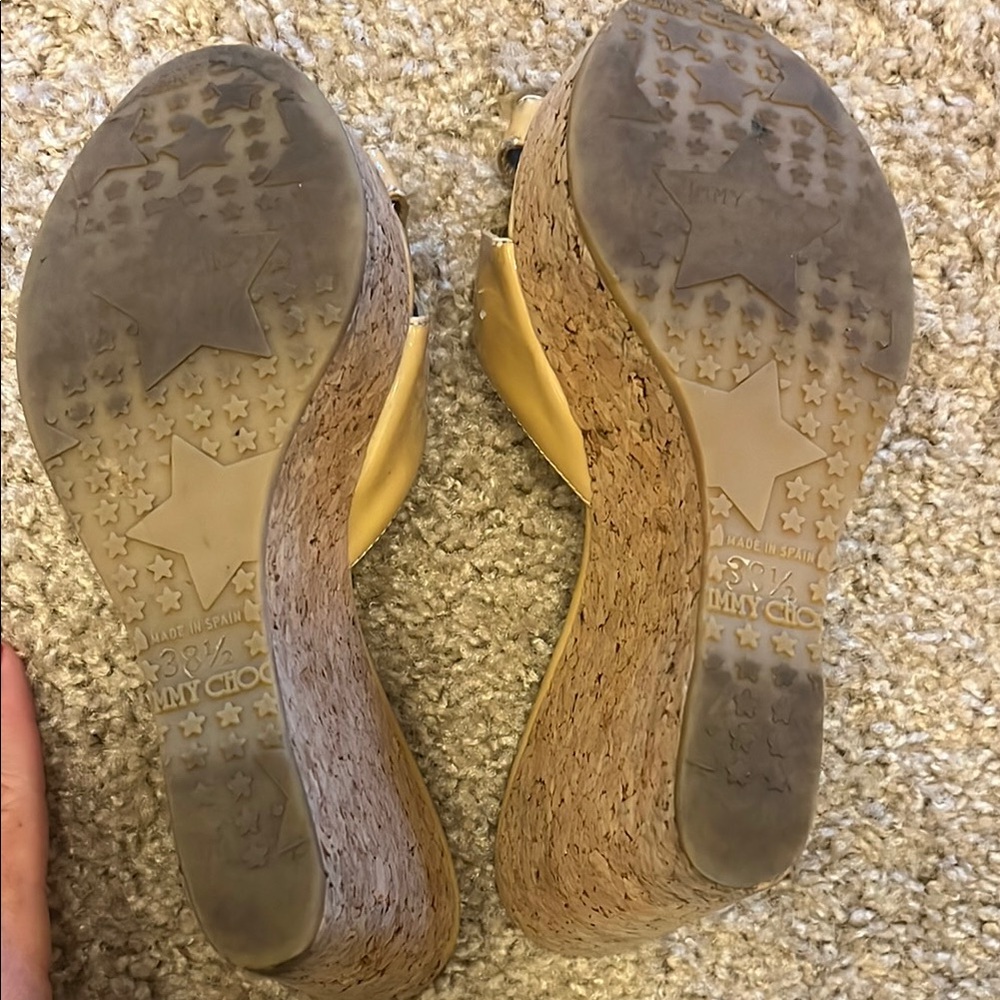 Jimmy Choo Tan Patent Wedge Sandals - Picture 4 of 7